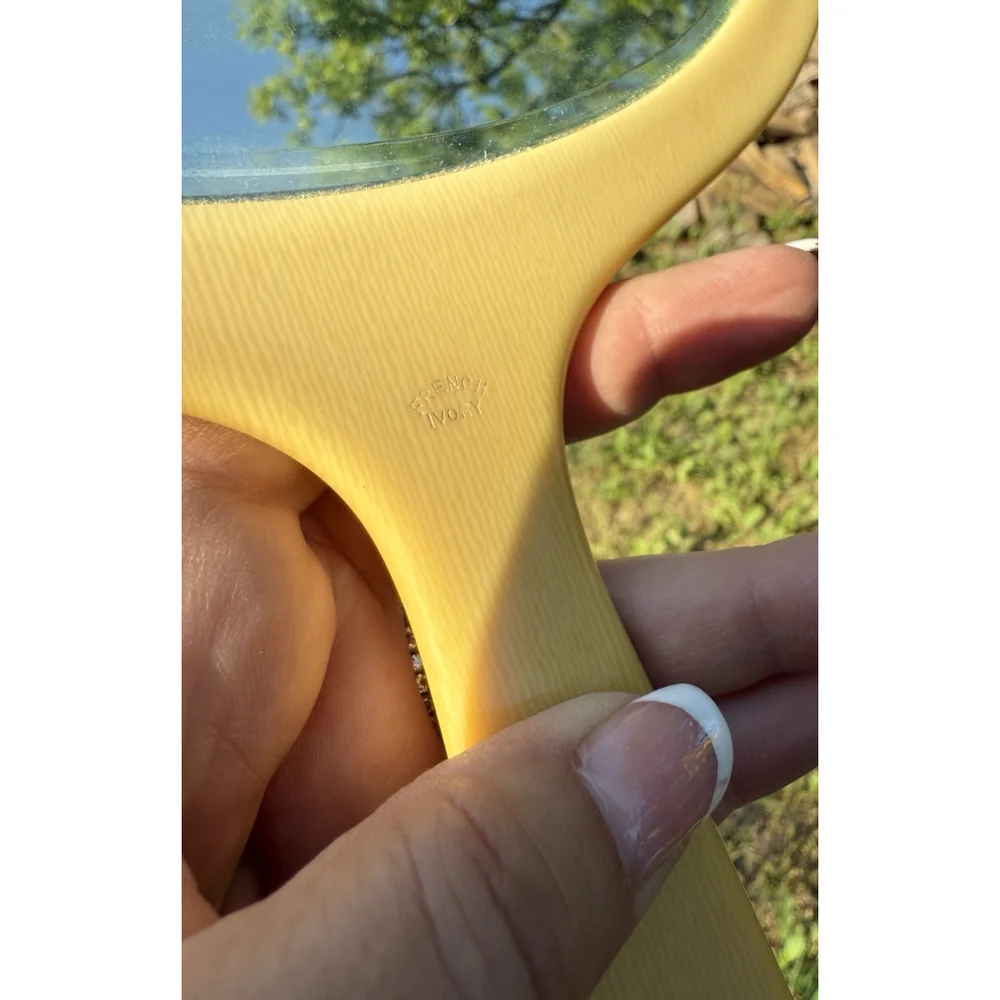 Vintage Colored VANITY HAND MIRROR 1940’s Era Great Prop Heavy French Ivory MCM